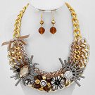 Goldtone Rope and Brown Acrylic and Rhinestone Flower Themed Necklace and Earrings Set