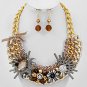 Goldtone Rope and Brown Acrylic and Rhinestone Flower Themed Necklace and Earrings Set
