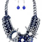 Goldtone Rope and Blue Acrylic and Rhinestone Flower Themed Necklace and Earrings Set