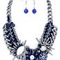 Goldtone Rope and Blue Acrylic and Rhinestone Flower Themed Necklace and Earrings Set