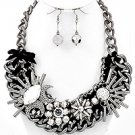 Hematitetone Rope and Clear Acrylic  with Black Flower Themed Necklace and Earrings Set