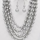 Silvertone Beaded Multi-Strand Graduating Necklace and Matching Earrings Set