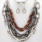 Tri-Tone Triple Strand Chainlink Style Necklace and Matching Silvertone Earings Set
