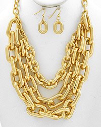 Goldtone Triple Strand Chainlink Style Necklace and Matching Goldtone Earings Set