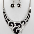 Silvertone and Black Swirl Pattern Bib Style Statement Necklace and Earrings Set