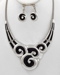 Silvertone and Black Swirl Pattern Bib Style Statement Necklace and Earrings Set