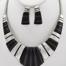 Silvertone and Black Tribal Style Bib Statement Necklace and Earring Set