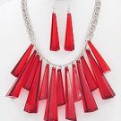 Silvertone and Red Acrylic Multi-Stone Necklace and Earring Set