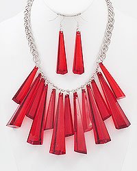 Silvertone and Red Acrylic Multi-Stone Necklace and Earring Set