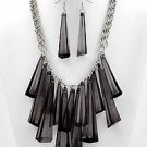 Silvertone and Black Diamond Acrylic Multi-Stone Necklace and Earring Set