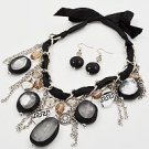 Antique Style Silvertone on Black Fabric with Stones and Matching Earrings Set