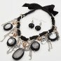 Antique Style Silvertone on Black Fabric with Stones and Matching Earrings Set