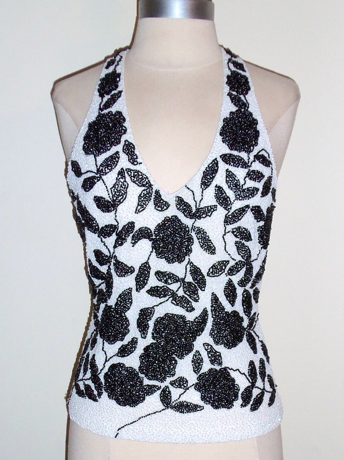 CACHE Black and White Beaded Floral Motif Halter Top Size S