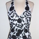 CACHE Black and White Beaded Floral Motif Halter Top Size S