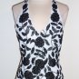 CACHE Black and White Beaded Floral Motif Halter Top Size S