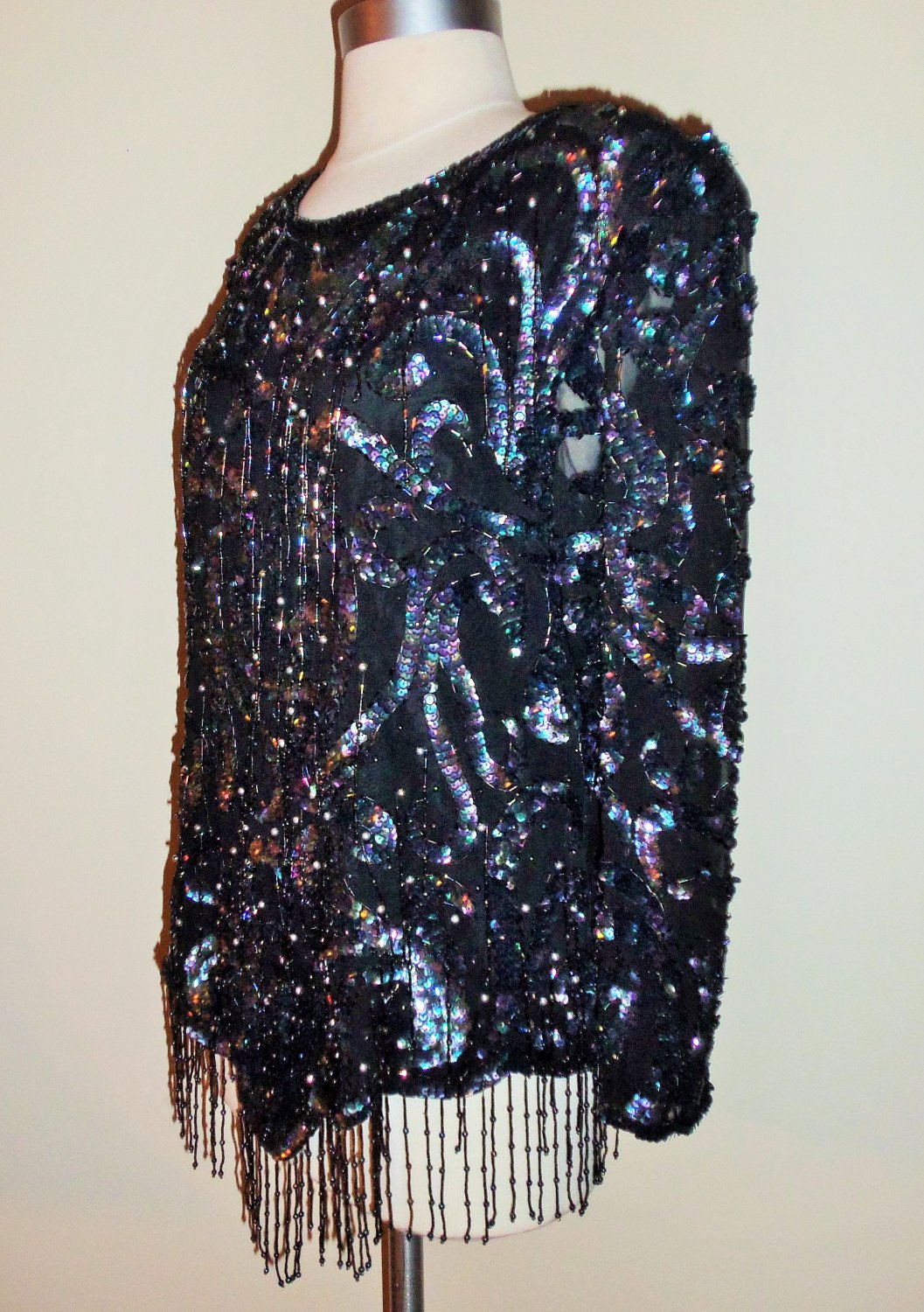 SHO MAX Originals Black Iridescent Beaded Sequined Blouses Size L