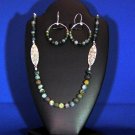 Precious Sterling Silver, Moss Agate, and Tibtan Silver Necklace, Earring Set