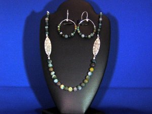 Precious Sterling Silver, Moss Agate, and Tibtan Silver Necklace, Earring Set