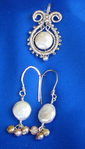 White Coin Pearl, Sterling Silver Fine Wire wrapped, with S.S. Beads, Pendant and Earrings Set