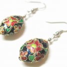 EA29 RED FLORAL BLACK CLOISONNE HOOK EARRINGS