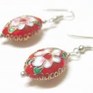 EA30 WHITE FLORAL RED CLOISONNE HOOK EARRINGS