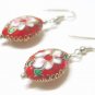 EA30 WHITE FLORAL RED CLOISONNE HOOK EARRINGS
