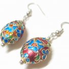EA31 GORGEOUS BLUE FLORAL BROWN CLOISONNE HOOK EARRINGS