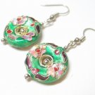 EA32 GORGEOUS FLORAL GREEN CLOISONNE HOOK EARRINGS
