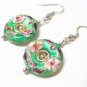 EA32 GORGEOUS FLORAL GREEN CLOISONNE HOOK EARRINGS