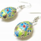 EA33 GORGEOUS BLUE FLORAL GREEN CLOISONNE HOOK EARRINGS