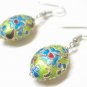 EA33 GORGEOUS BLUE FLORAL GREEN CLOISONNE HOOK EARRINGS