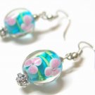 EA36 JEWELRY PINK FLORAL GLASS BEADS BLUE HOOK EARRINGS