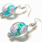 EA36 JEWELRY PINK FLORAL GLASS BEADS BLUE HOOK EARRINGS