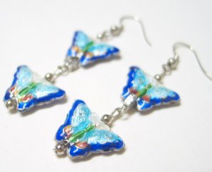 EA43  ELEGANT BLUE CLOISONNE BUTTERFLY HOOK EARRINGS