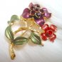 free shipping ~ P93 RED FLORAL GOLDEN PLATED RHINESTONE BROOCH