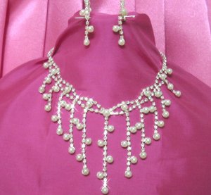 free shipping bridal wedding RHINESTONE & Pearl Earrings NECKLACE SET NA499