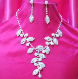 RHINESTONE & FAUX PEARL BRIDAL WEDDING EARRINGS NECKLACE NA423 ~ free shipping