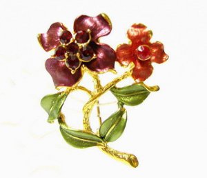 free shipping ~ P93 RED FLORAL GOLDEN PLATED RHINESTONE BROOCH