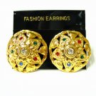 EA525 RHINESTONE GOLDEN PLATED CLIP ON EARRINGS 1.5 in.