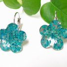 E729 CHARMING LUCITE BLUE FLORAL HOOK EARRINGS 1.2 in.