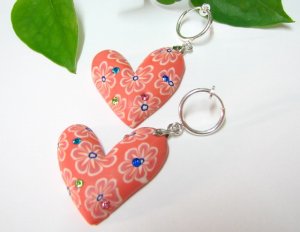 E737 FIGULINE RHINESTONE HEART *SPRING CLIP ON* EARRINGS 2 in.