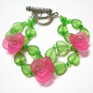 free shipping~ Handcraft B1320 Charming Pink Rose Green Heart Bracelet 18.5cm