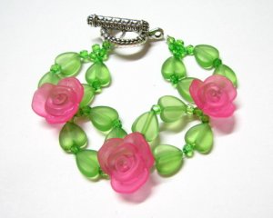 free shipping~ Handcraft B1320 Charming Pink Rose Green Heart Bracelet 18.5cm