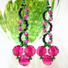 E1235 Unique Pink & Green Dangle Clip On Earrings 7cm