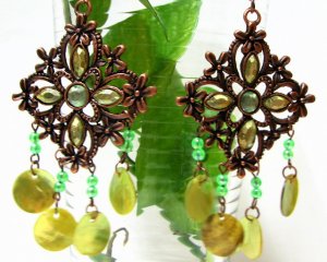 E332 Green Shell Copper Clip On Earrings 4 inches