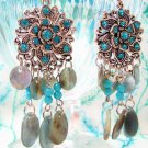 E339 Shell & Rhinestone Blue Clip On Earrings 9cm