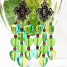 E348 Green Heart Shape Dangle Clip On Earrings 7cm