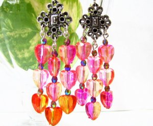 E349 Glamorous Pink Dangle Heart Clip On Earrings 7cm