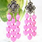 E350 Pink Heart Danlge Sliverly Clip On Earrings 7cm