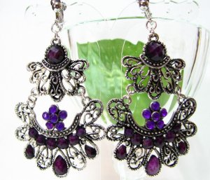 E1367 Exotic Rhinestone Purple Clip On Earrings 7.5cm